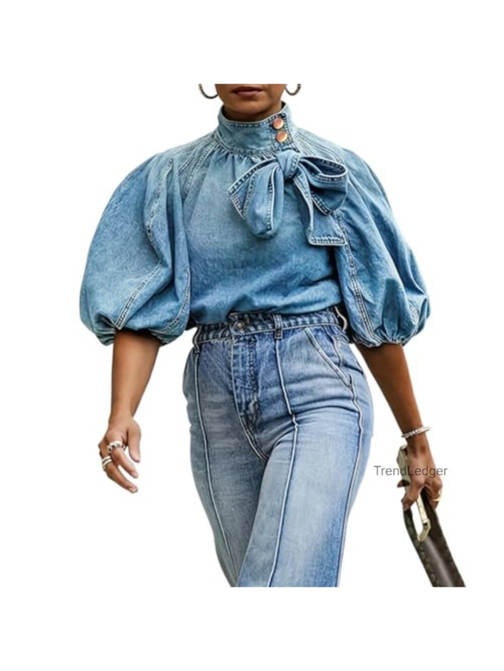 Women's Denim Pullover Top Button Up Mock Neck Puff Sleeve Casual Jacket